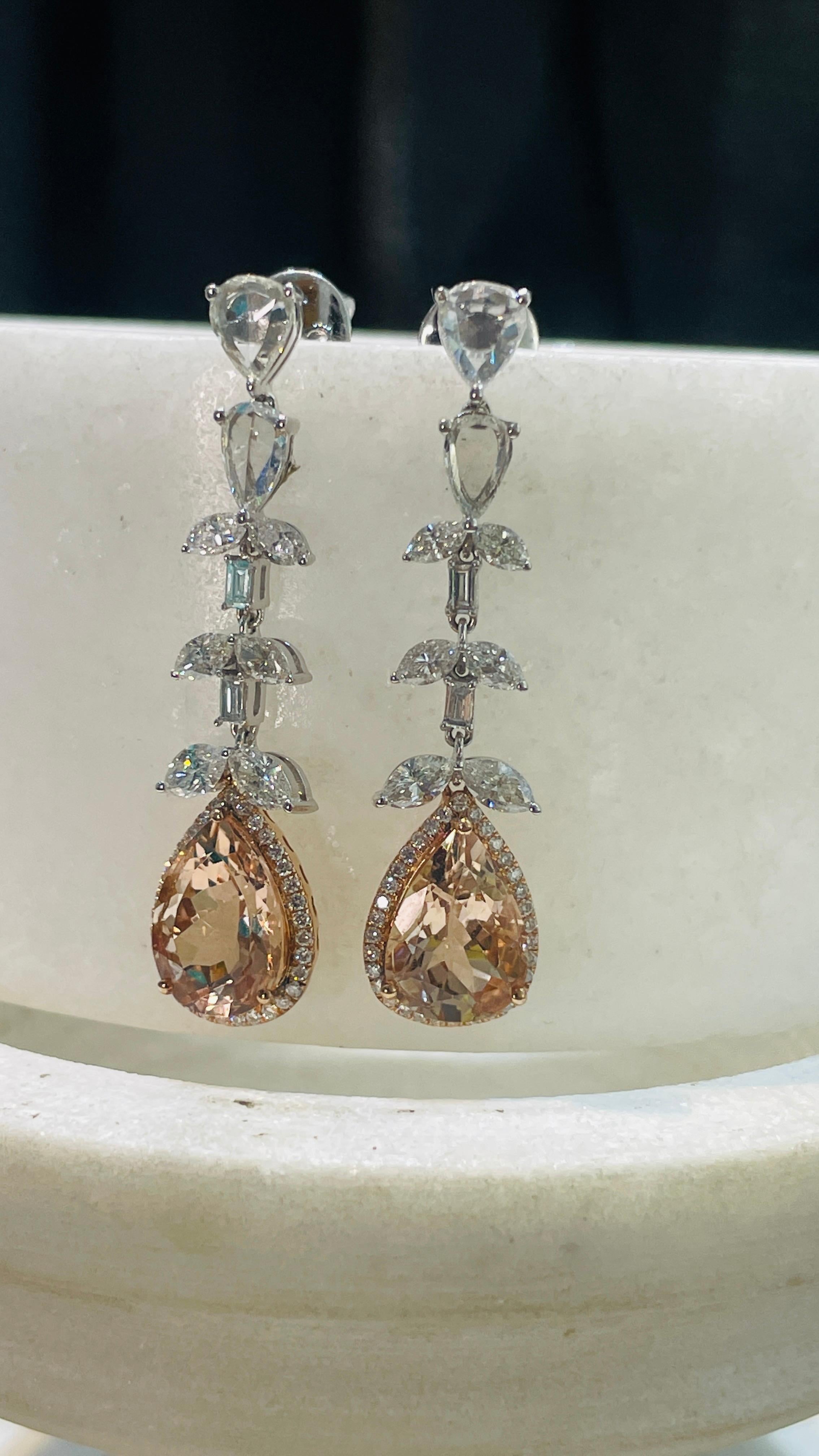 Women's 14K White Gold Pear Drop Cut Gemstone Dangle Earrings with Diamonds For Sale