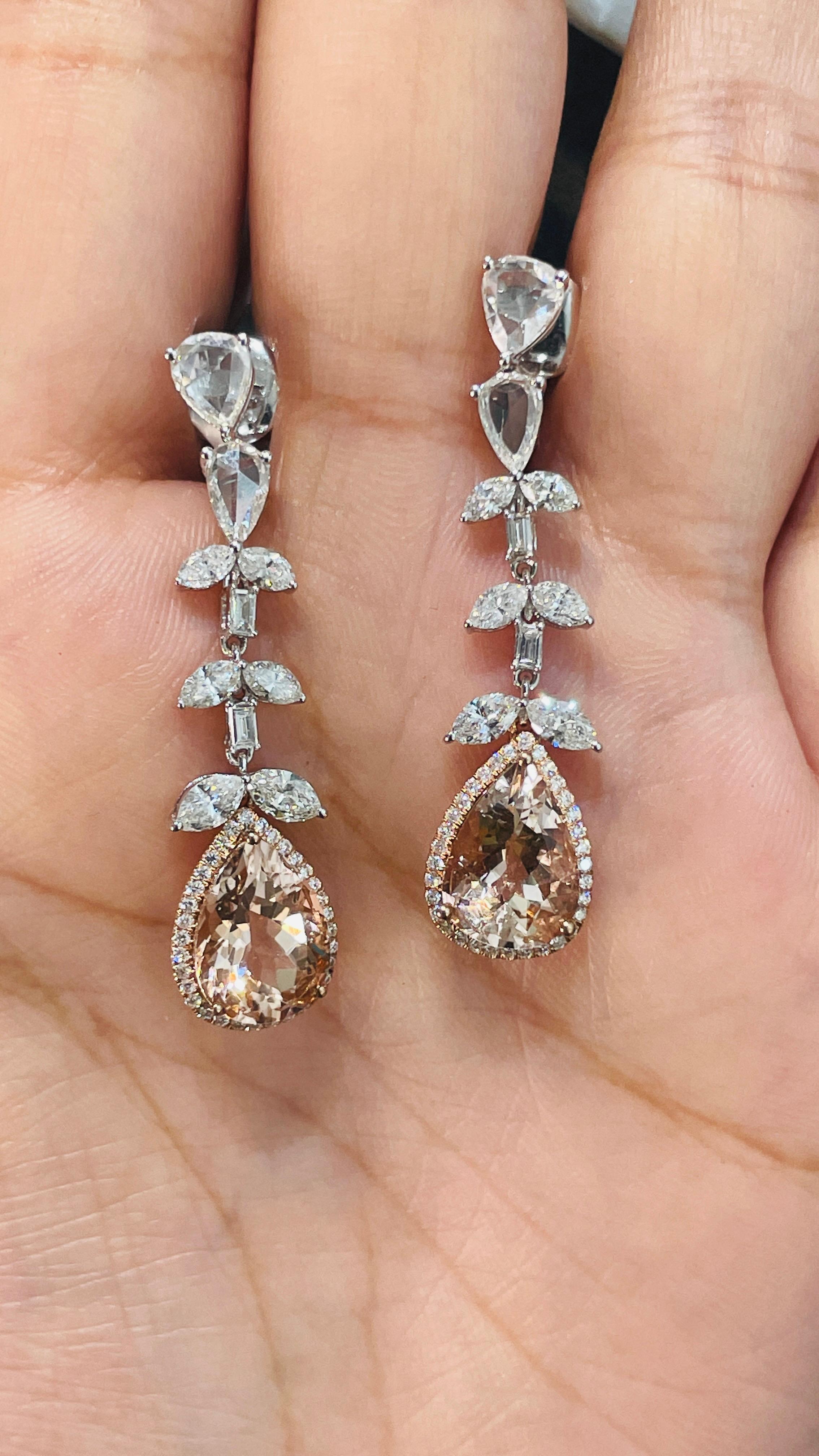 14K White Gold Pear Drop Cut Gemstone Dangle Earrings with Diamonds For Sale 1