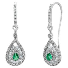 14K White Gold Pear Emerald & Baguette & Round Diamond Drop Earrings