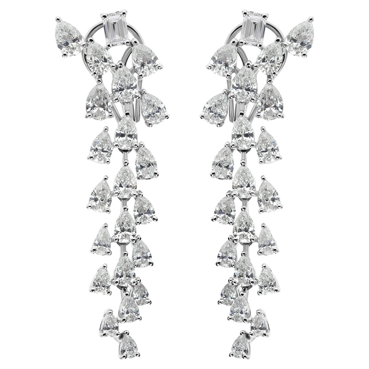 14k White Gold Pear Emerald Cut Natural Diamond Waterfall Drop Earrings For Sale