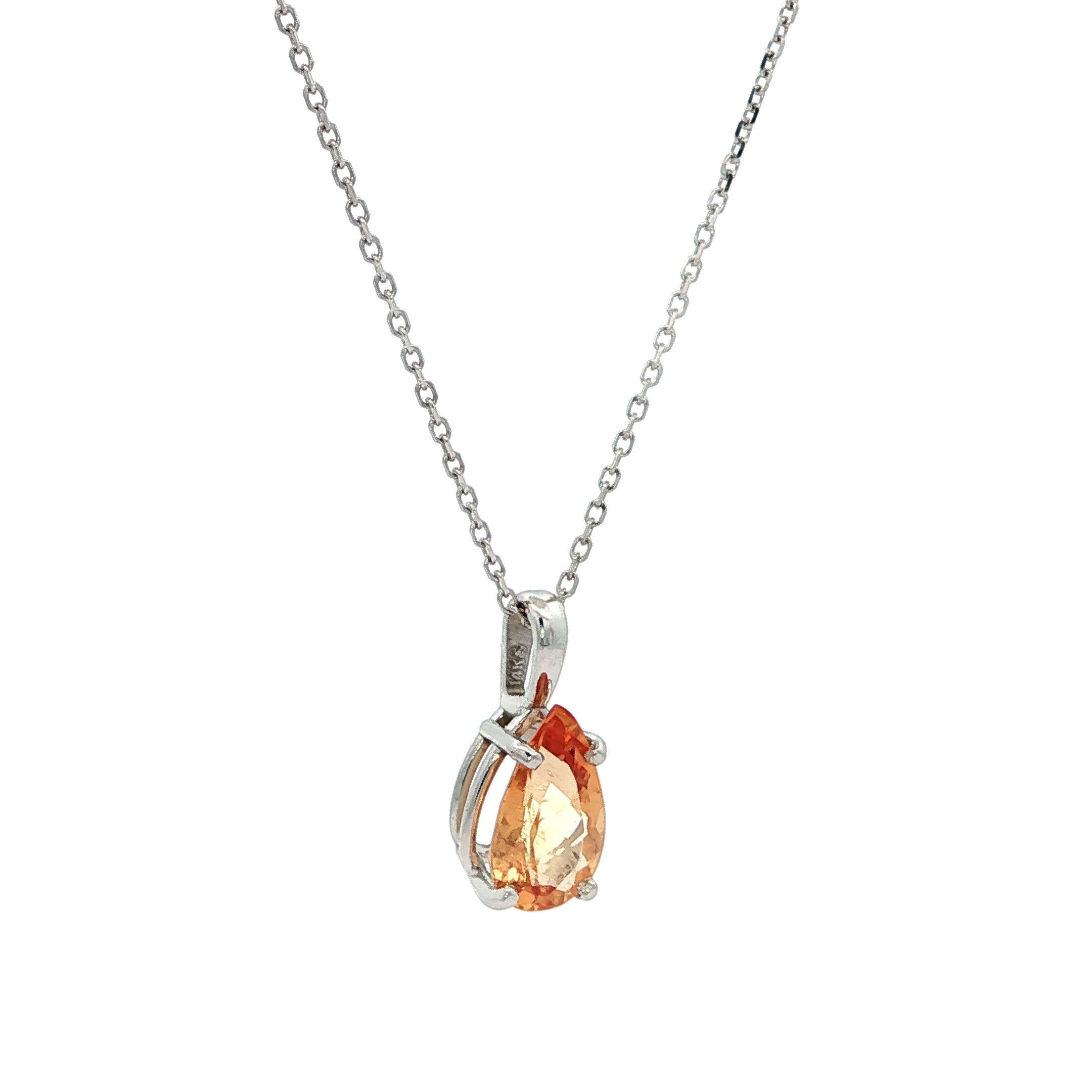 Collana con ciondolo solitario a goccia in oro bianco 14k con pera preziosa e topazio arancione In condizioni ottime in vendita a Montclair, NJ