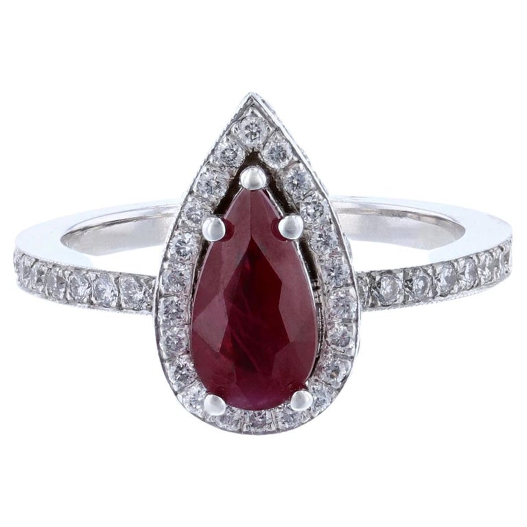 14K White Gold Pear Ruby Diamond Ring For Sale at 1stDibs