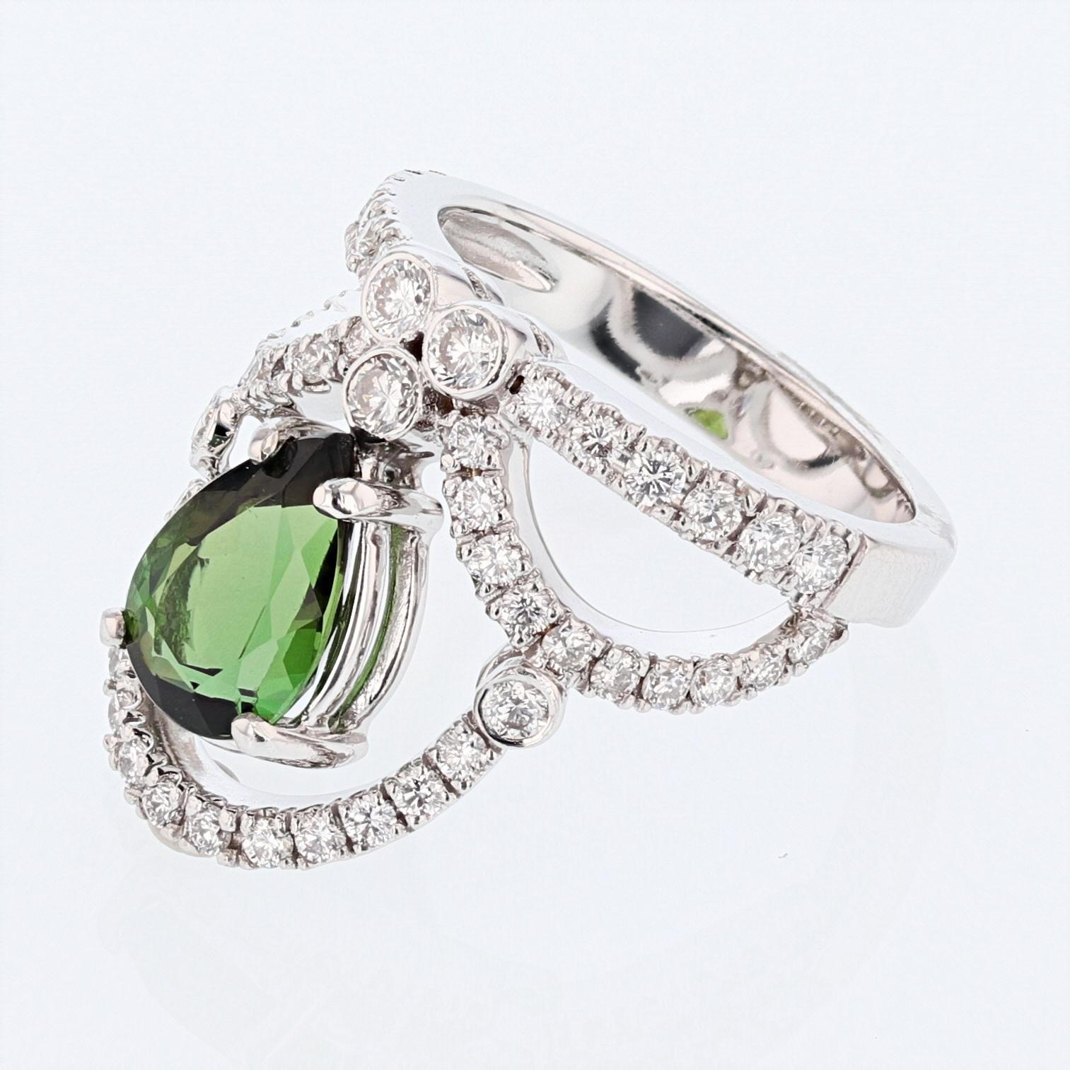 Contemporain Bague diadème en or 14 carats en forme de poire avec tourmaline verte de 2,25 carats et diamants en vente