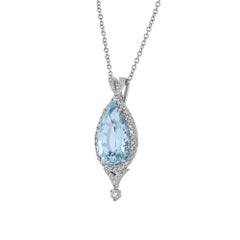 14K White Gold Pear Shape Aquamarine Halo Diamond Drop Necklace