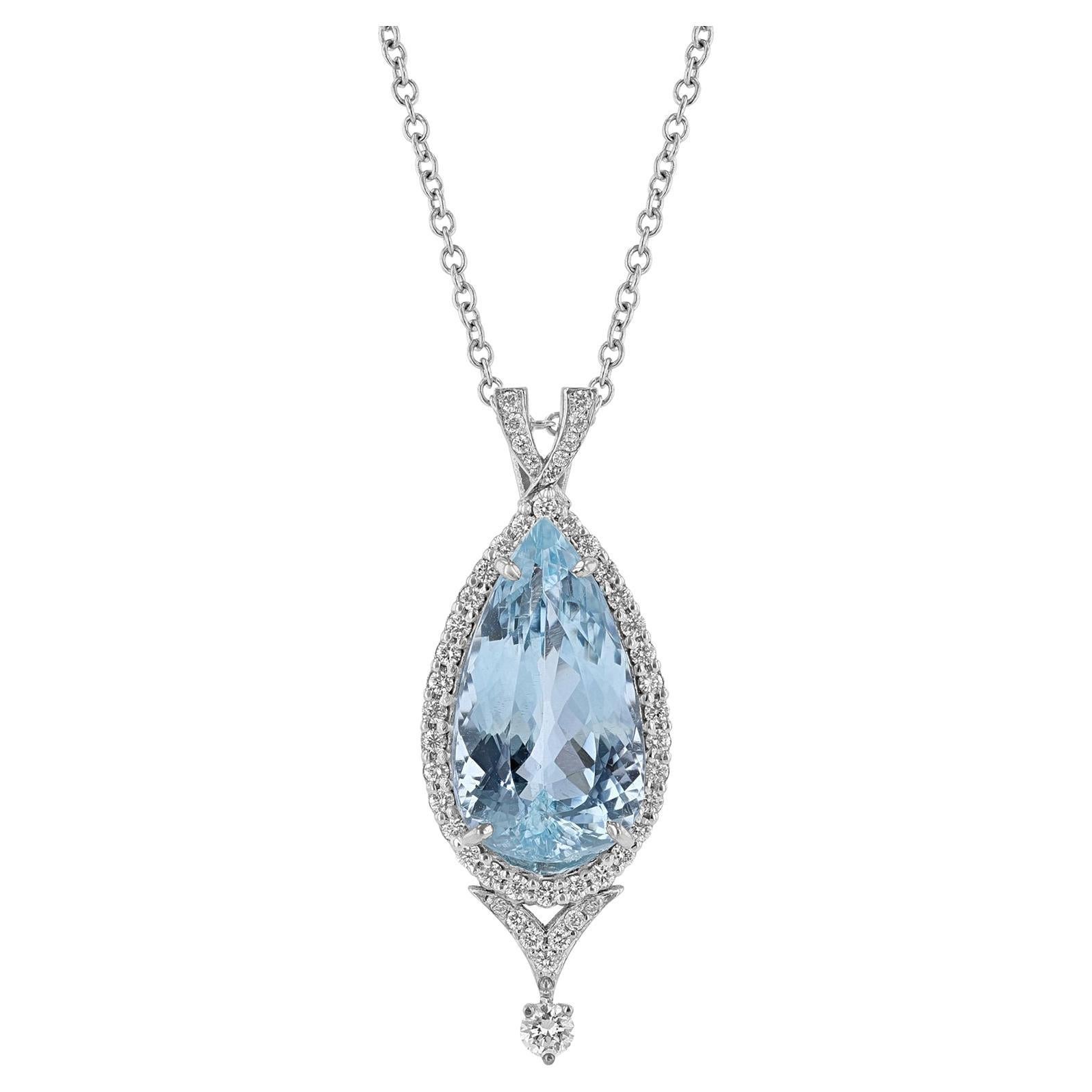 14K White Gold Pear Shape Aquamarine Halo Diamond Drop Necklace For Sale