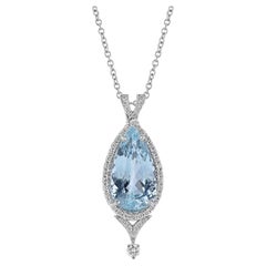 14K White Gold Pear Shape Aquamarine Halo Diamond Drop Necklace