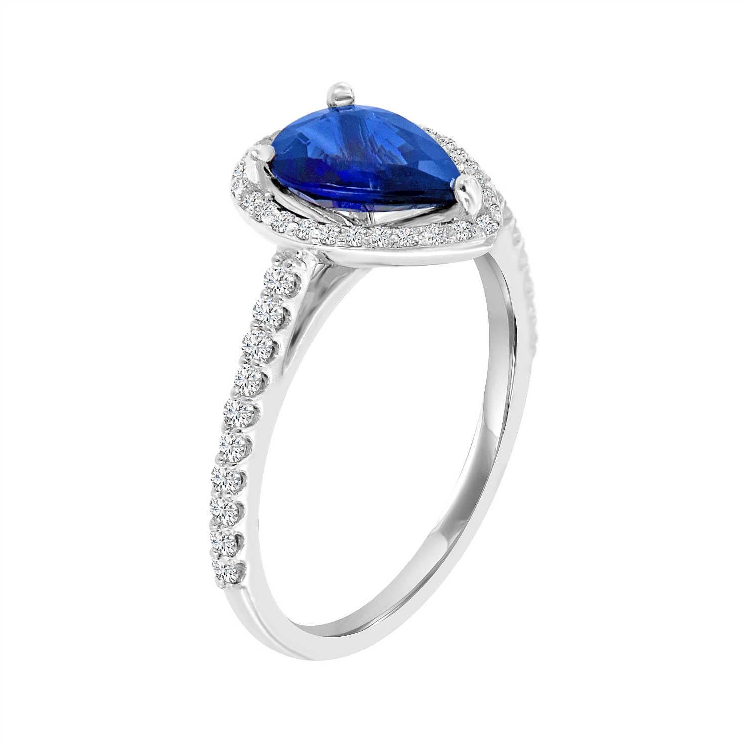 This delicate ring features a 1.55-carat Pear shape Blue Sapphire encircled by a halo of round melee diamonds. A scalloped micro-prong diamonds on the shank adds a dazzling effect. Experience the difference in person!

Product details: 

Center