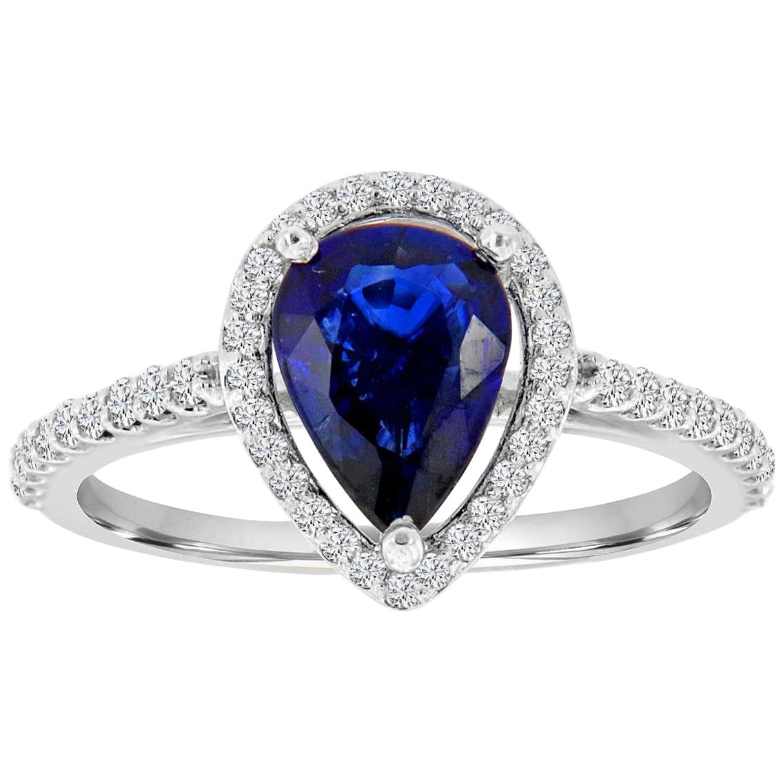 14K White Gold Pear Shape Blue Sapphire & Diamond Halo Ring 'Center-1.55 Carat' For Sale