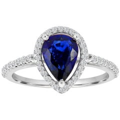 14K White Gold Pear Shape Blue Sapphire & Diamond Halo Ring 'Center-1.55 Carat'