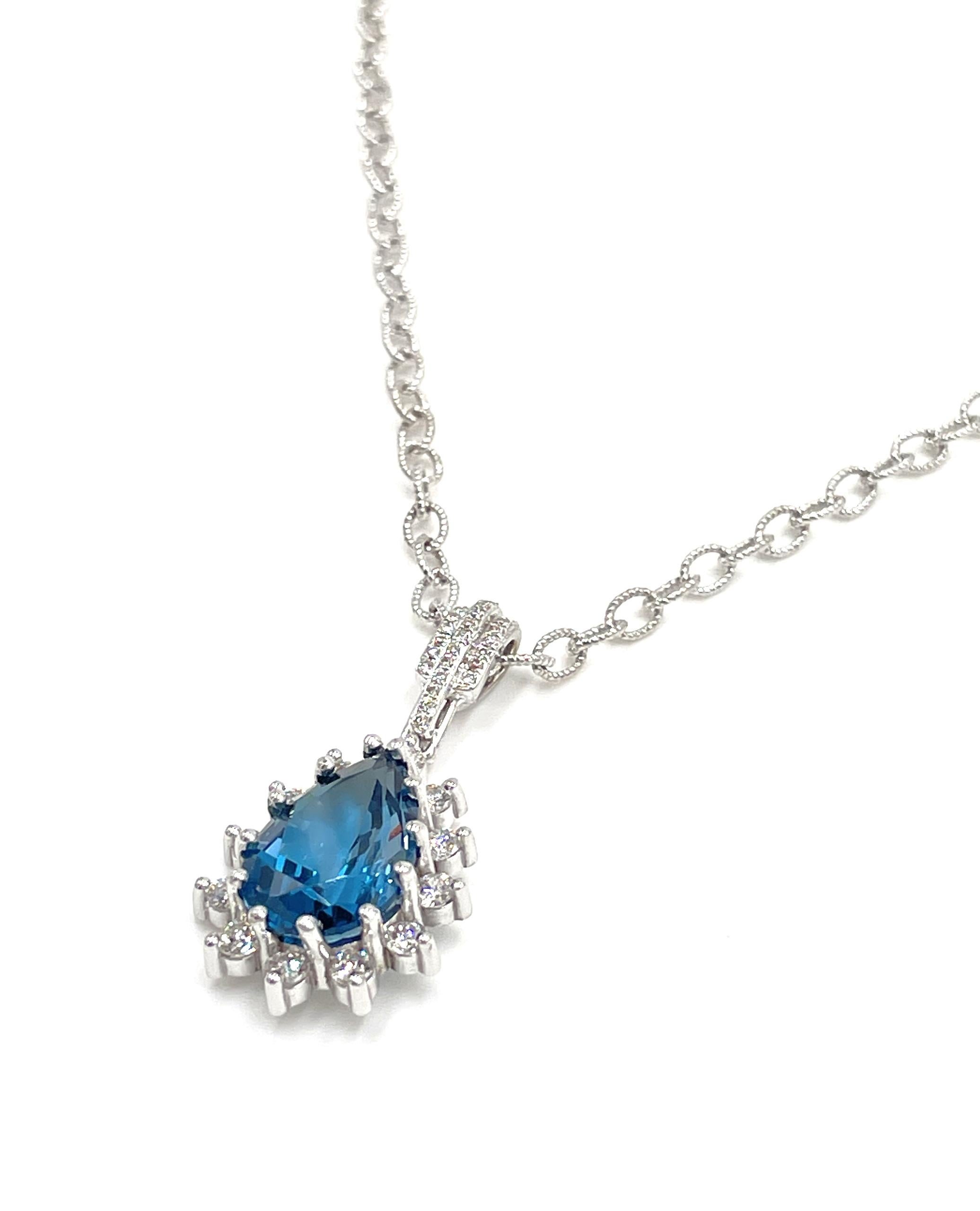 Contemporary 14K White Gold Pear Shape Pendant with London Blue Topaz and Diamonds For Sale