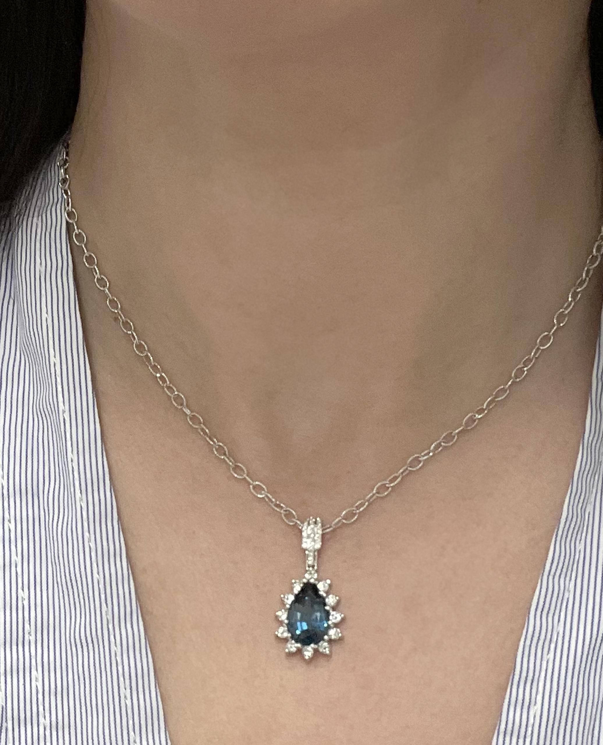 Pear Cut 14K White Gold Pear Shape Pendant with London Blue Topaz and Diamonds For Sale