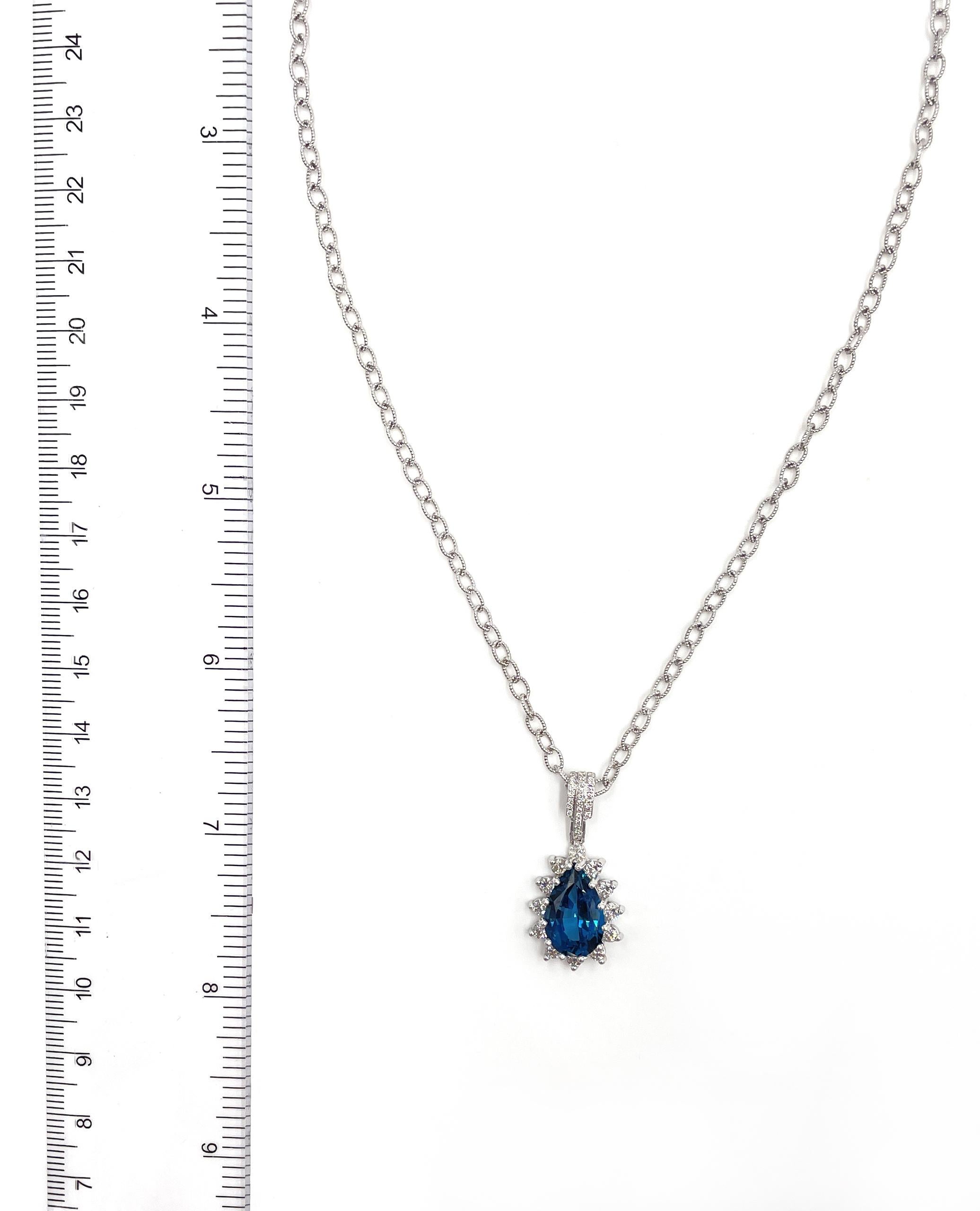 14K White Gold Pear Shape Pendant with London Blue Topaz and Diamonds In New Condition For Sale In Old Tappan, NJ