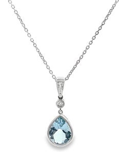 14K White Gold Pear Shaped Aquamarine & Diamond Pendant Necklace