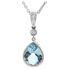14K White Gold Pear Shaped Aquamarine & Diamond Pendant Necklace