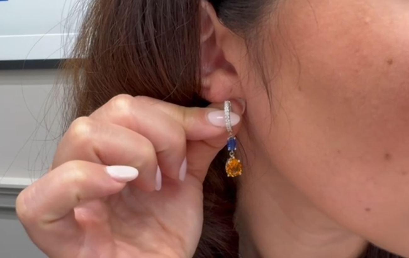 Drop Earrings 14K White Gold Pear Shaped Citrine, Oval Sapphires, Round Diamonds For Sale 1