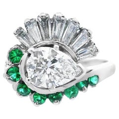 14k White Gold Pear Shaped Diamond and Emerald Ring with GIA Report