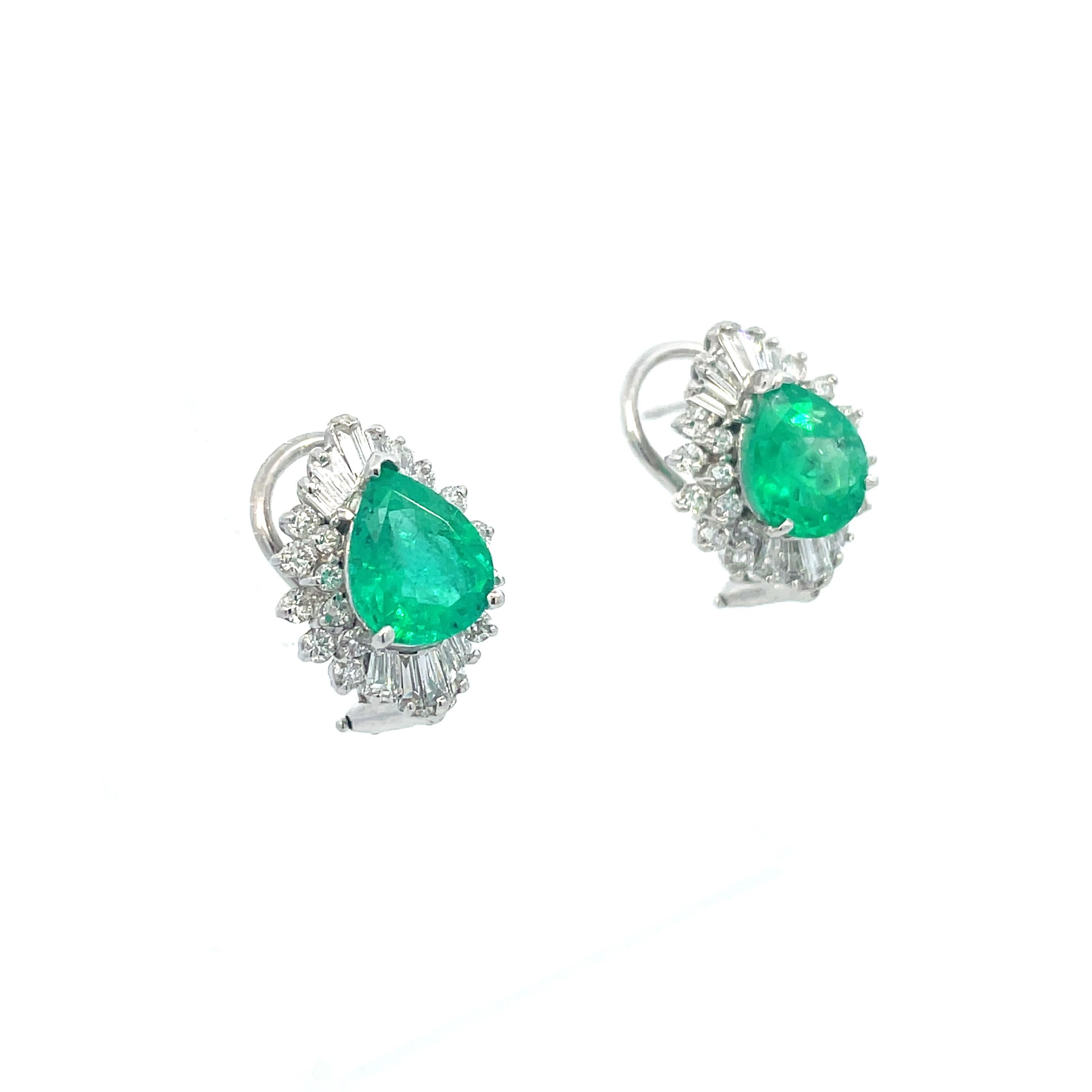 Pear Cut 14K White Gold Pear Shaped Emerald and Diamond Earrings with AGL Report For Sale
