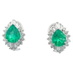 14K White Gold Pear Shaped Emerald and Diamond Earrings with AGL Report