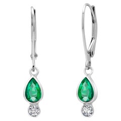 14K White Gold Pear-Shaped Emerald and Diamond Lever Back Earrings