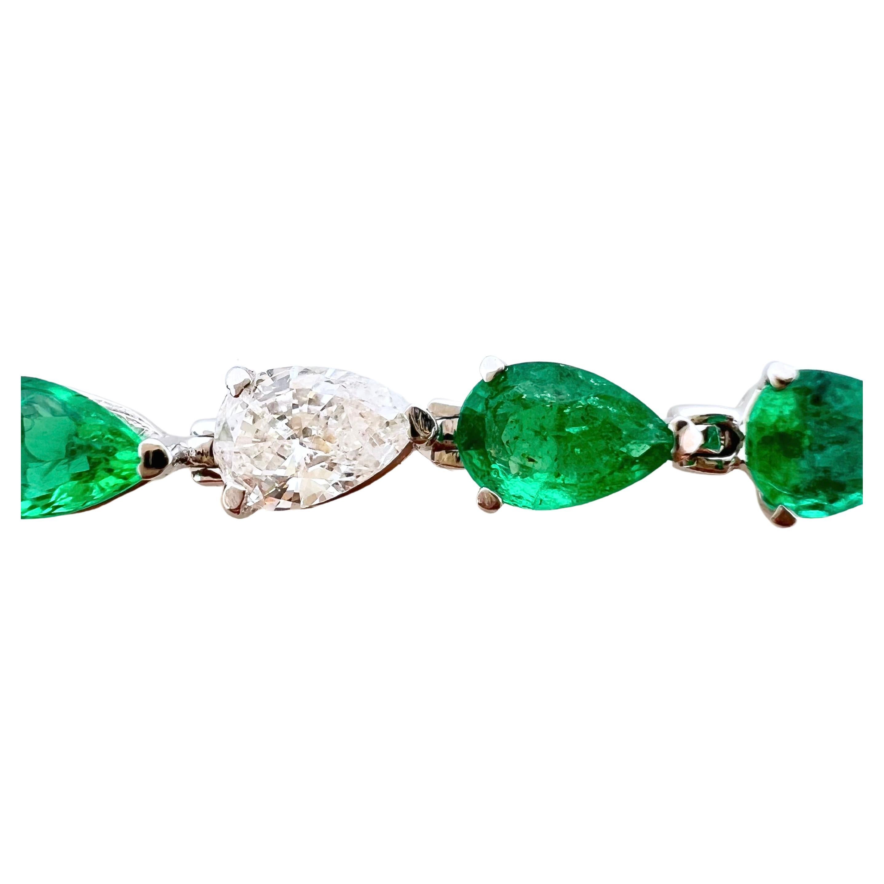 This gorgeous pear shaped emerald bracelet is well matched with pear shaped diamonds strategically places to break up the continuity of the emeralds.  The pear shaped motif is quite unique and not commonly found which will attract everyone's
