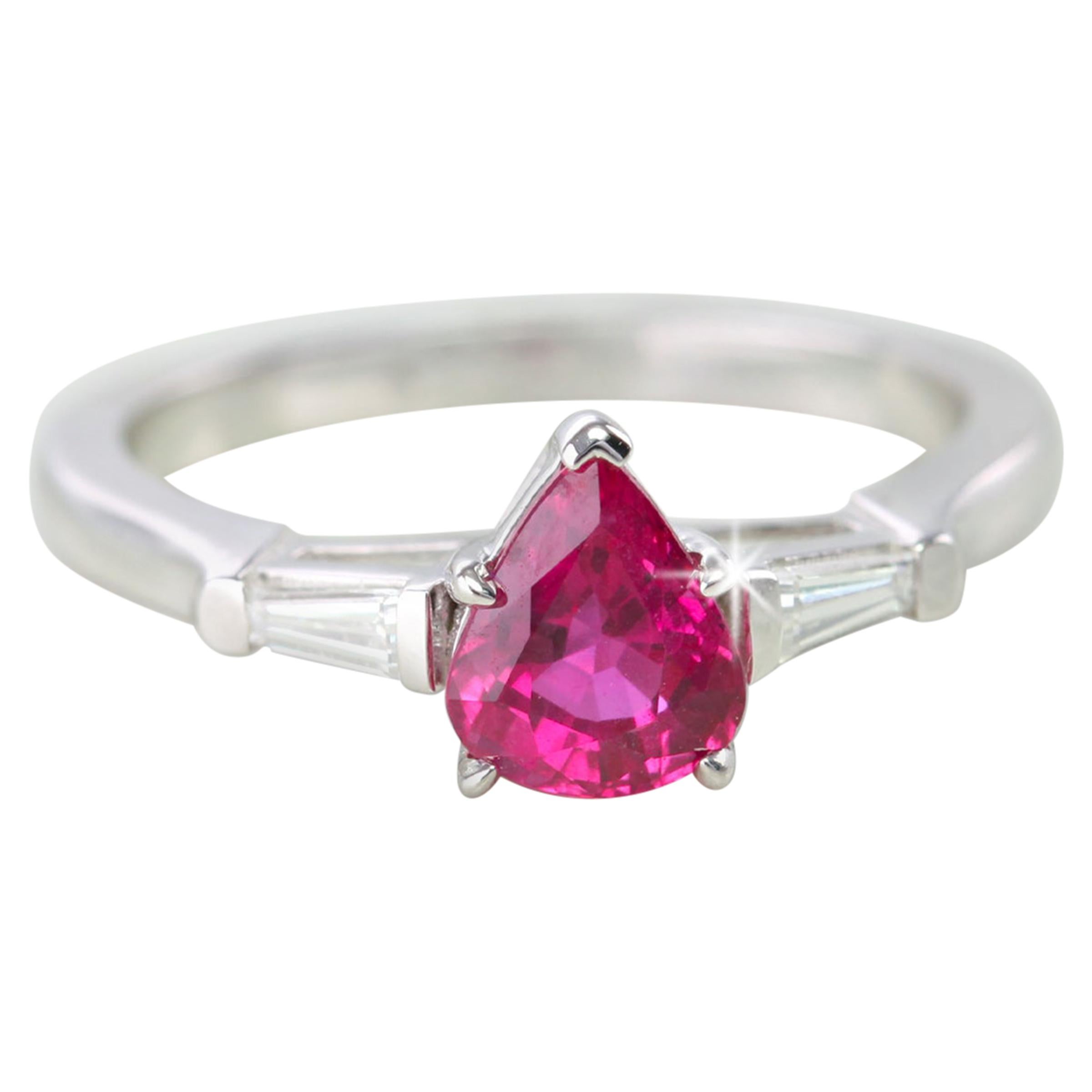 14 Karat White Gold Pear Shaped Ruby with Baguette Diamonds Ring For Sale