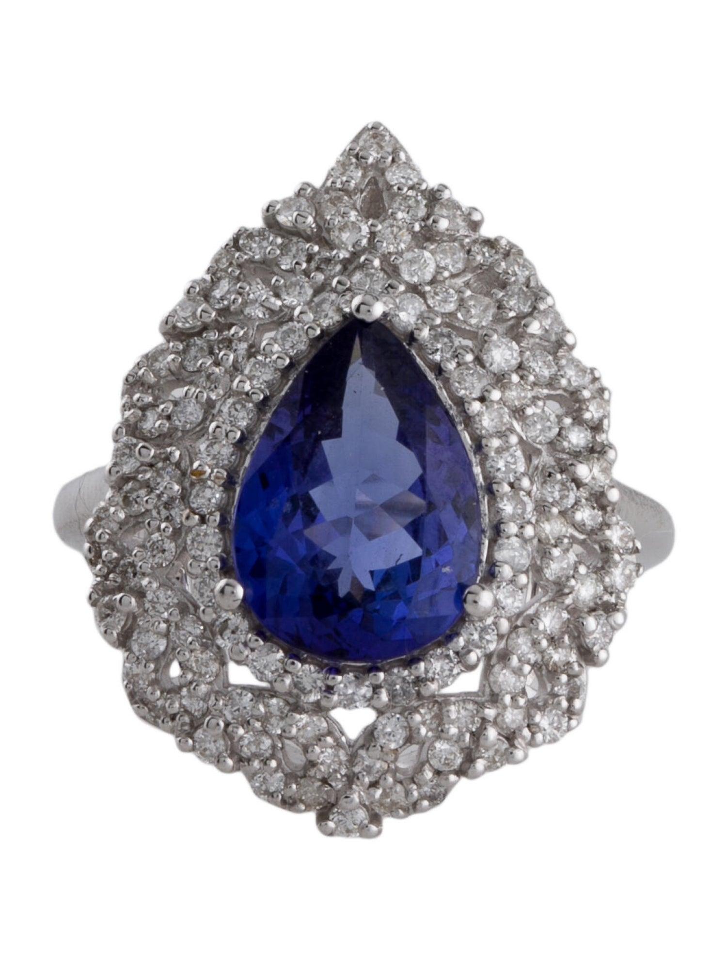 Pear Cut 14K White Gold Pear Shaped Tanzanite & Diamond Cocktail Ring, 2.48ct For Sale