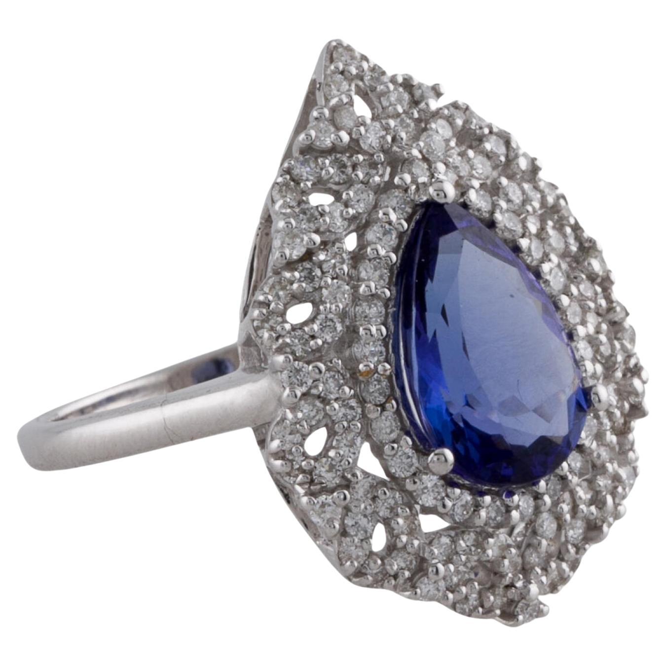 14K White Gold Pear Shaped Tanzanite & Diamond Cocktail Ring, 2.48ct For Sale