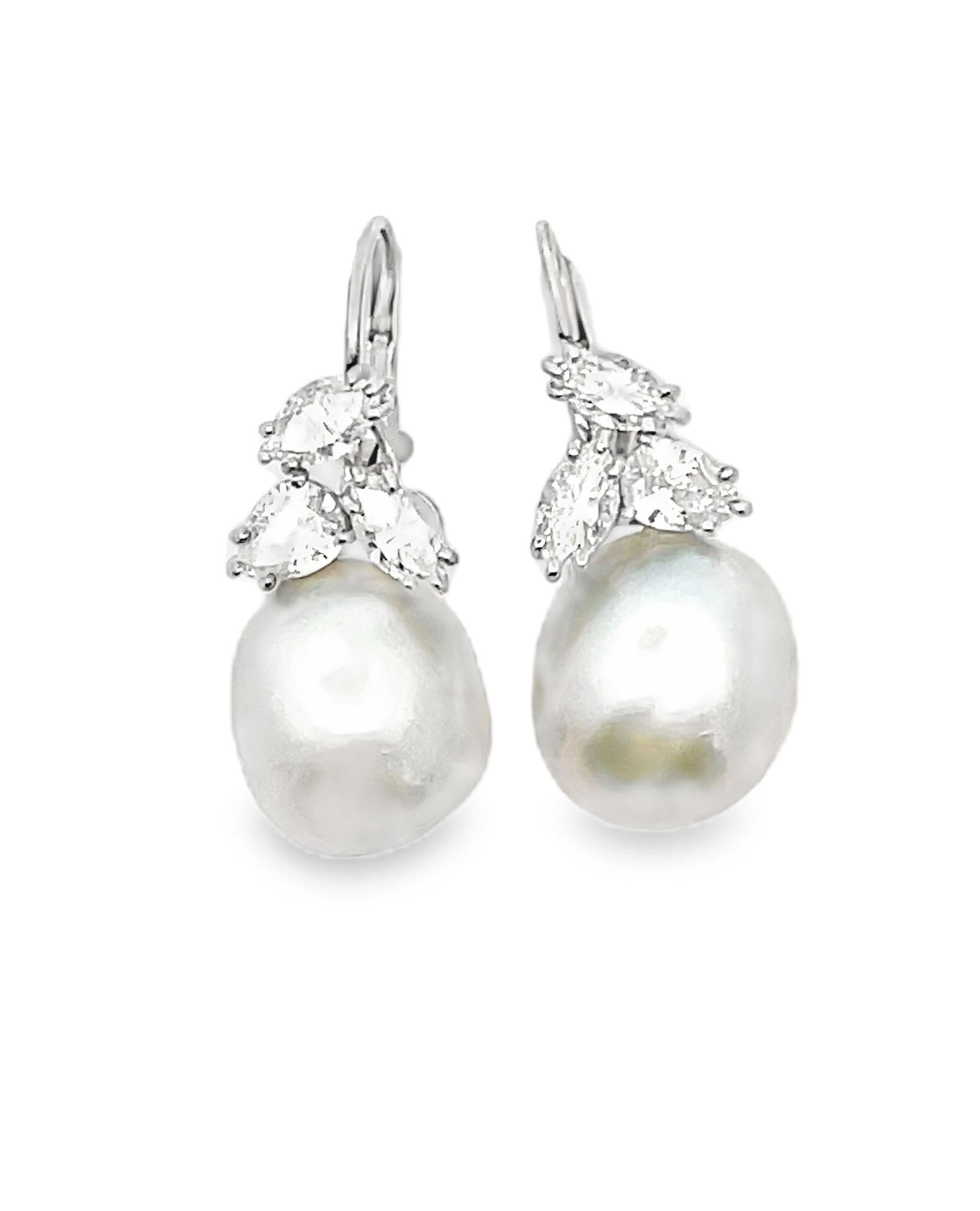 Contemporary 14K White Gold Pearl and Diamond Drop Earrings For Sale