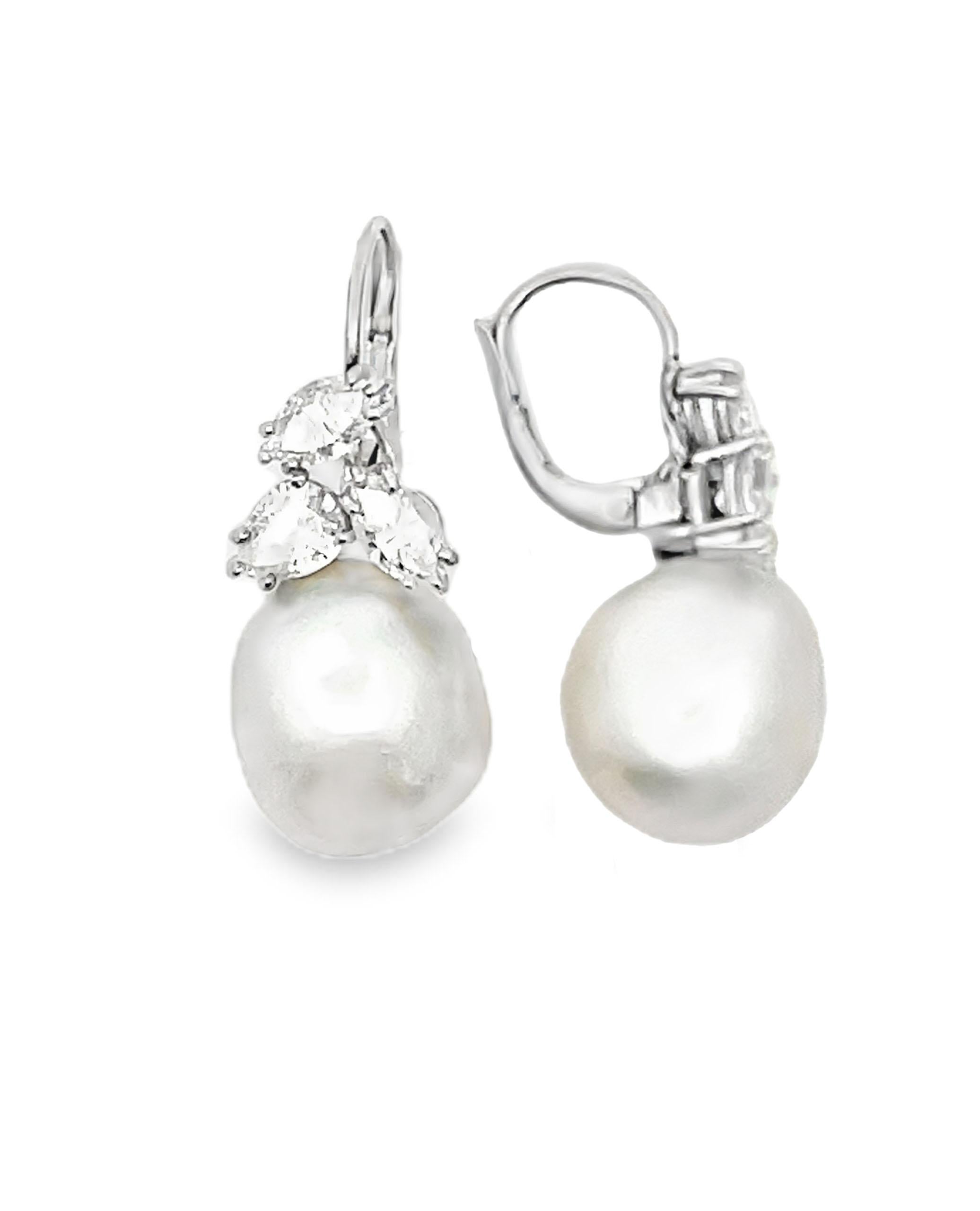 Mixed Cut 14K White Gold Pearl and Diamond Drop Earrings For Sale