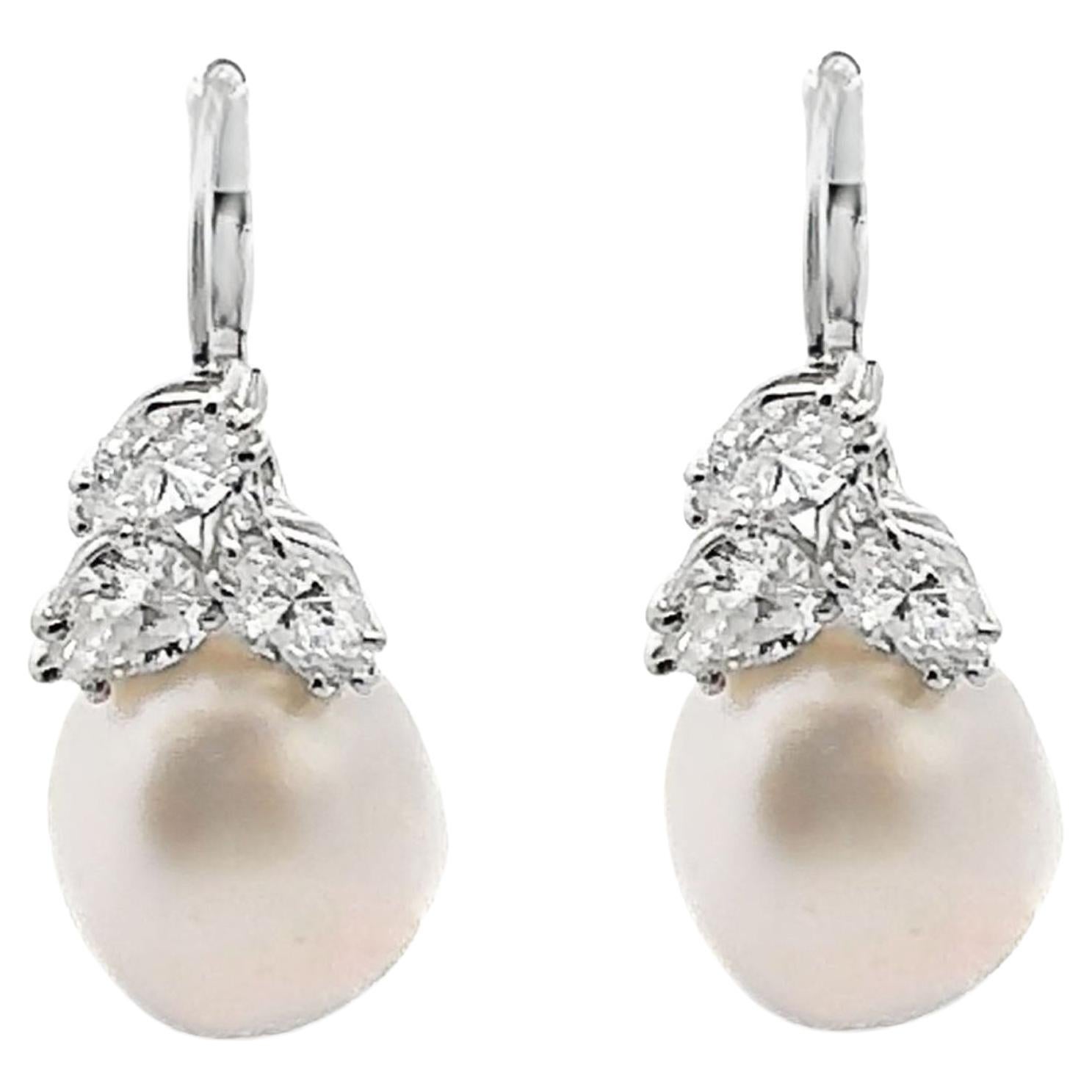 14K White Gold Pearl and Diamond Drop Earrings