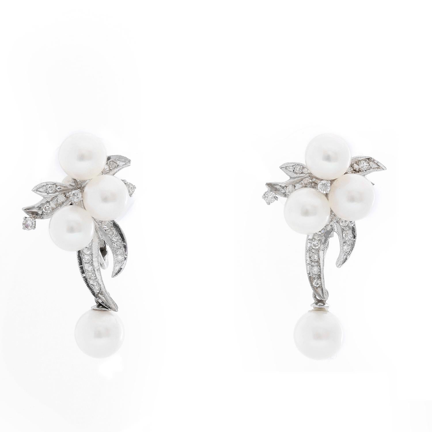 Women's 14 Karat White Gold Pearl and Diamond Earrings