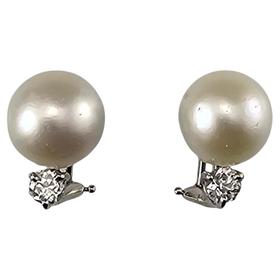 14K White Gold Pearl and Diamond Omega Back Earrings #24601 For Sale