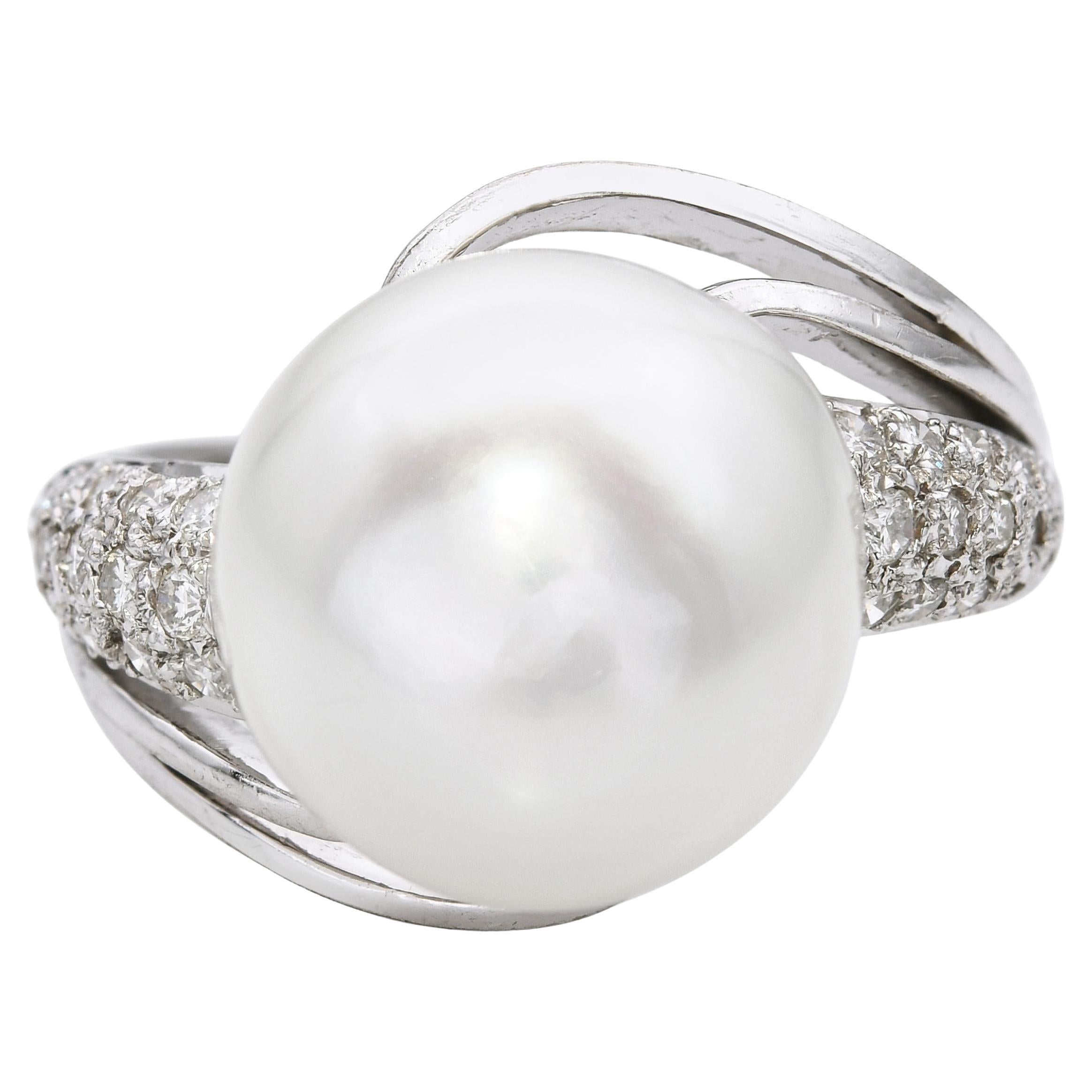 14k White Gold Pearl and Diamond Pave Statement Ring