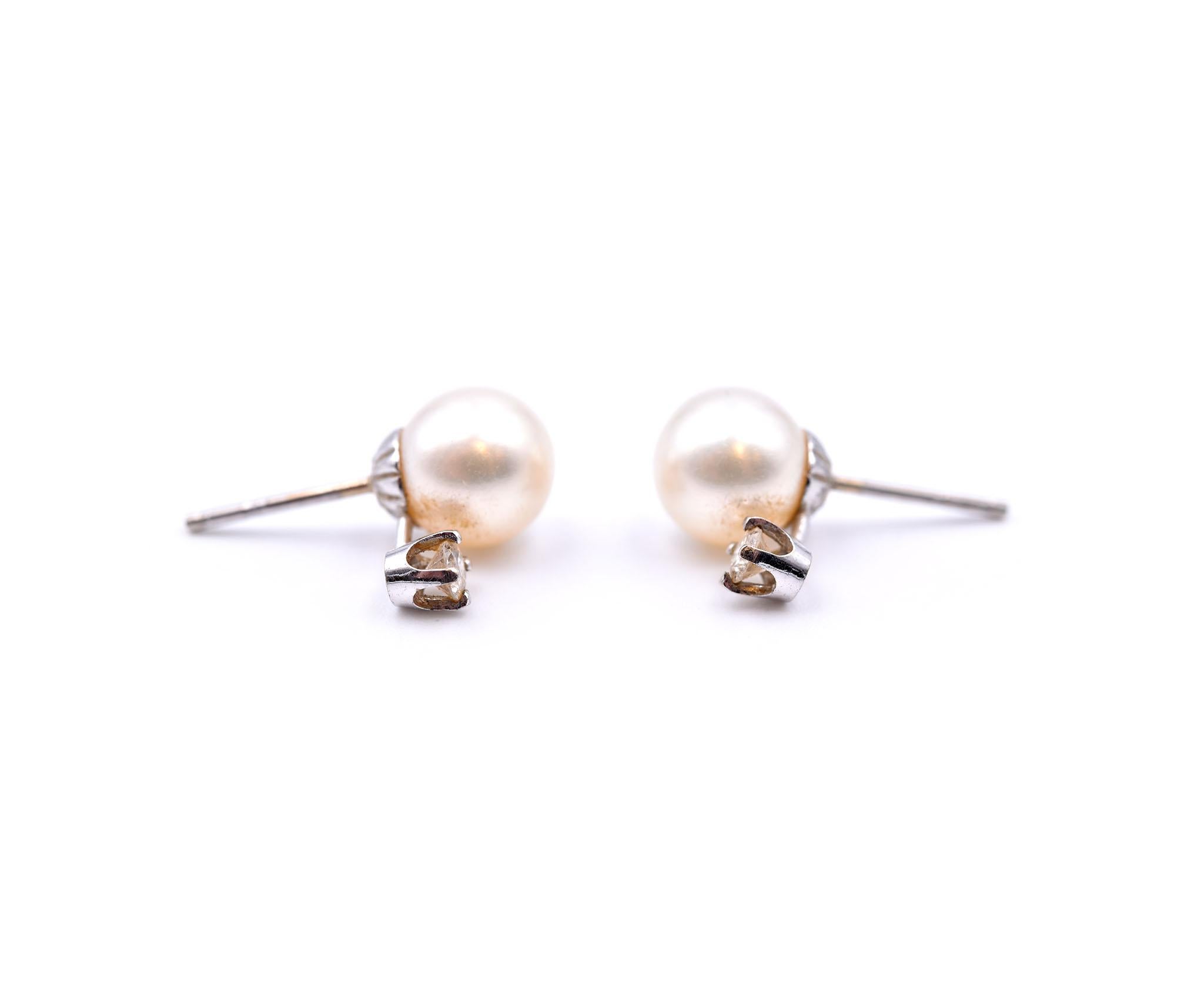 Women's 14 Karat White Gold Pearl and Diamond Stud Earrings