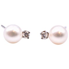 14 Karat White Gold Pearl and Diamond Stud Earrings