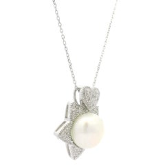 14k White Gold Pearl & Diamond Star Heart Flower Pendant on Adjustable Necklace