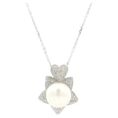 14k White Gold Pearl & Diamond Star Heart Flower Pendant on Adjustable Necklace