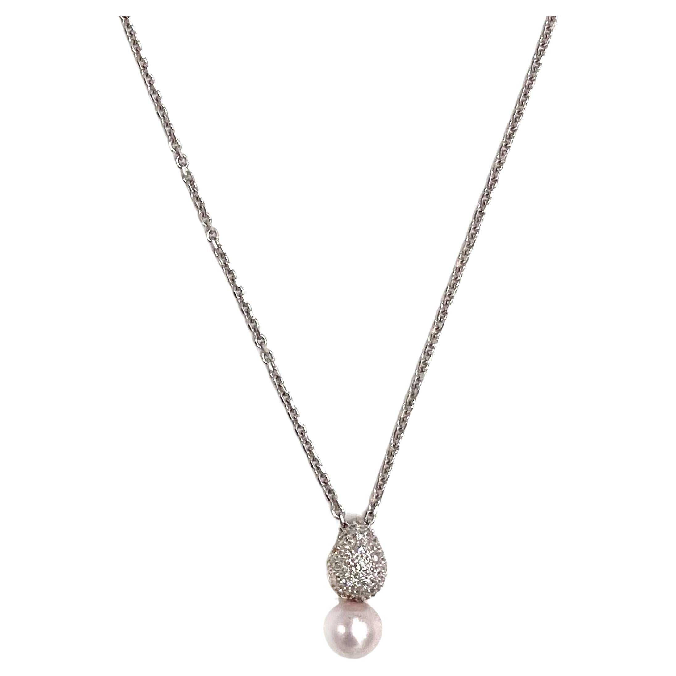 14K White Gold Pearl Drop Pendant with Diamonds