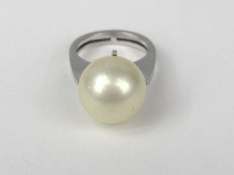 Uncut  14K White Gold Pearl Modernist Ring For Sale