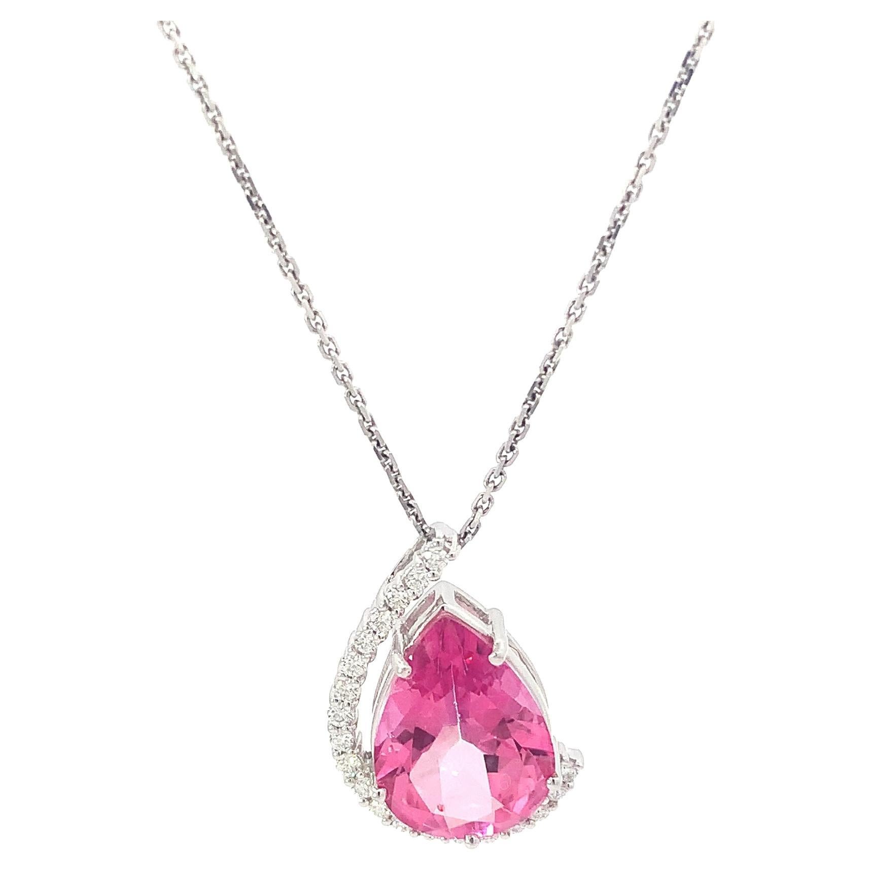 14K White Gold Pendant Diamond and Pink Topaz PearShape