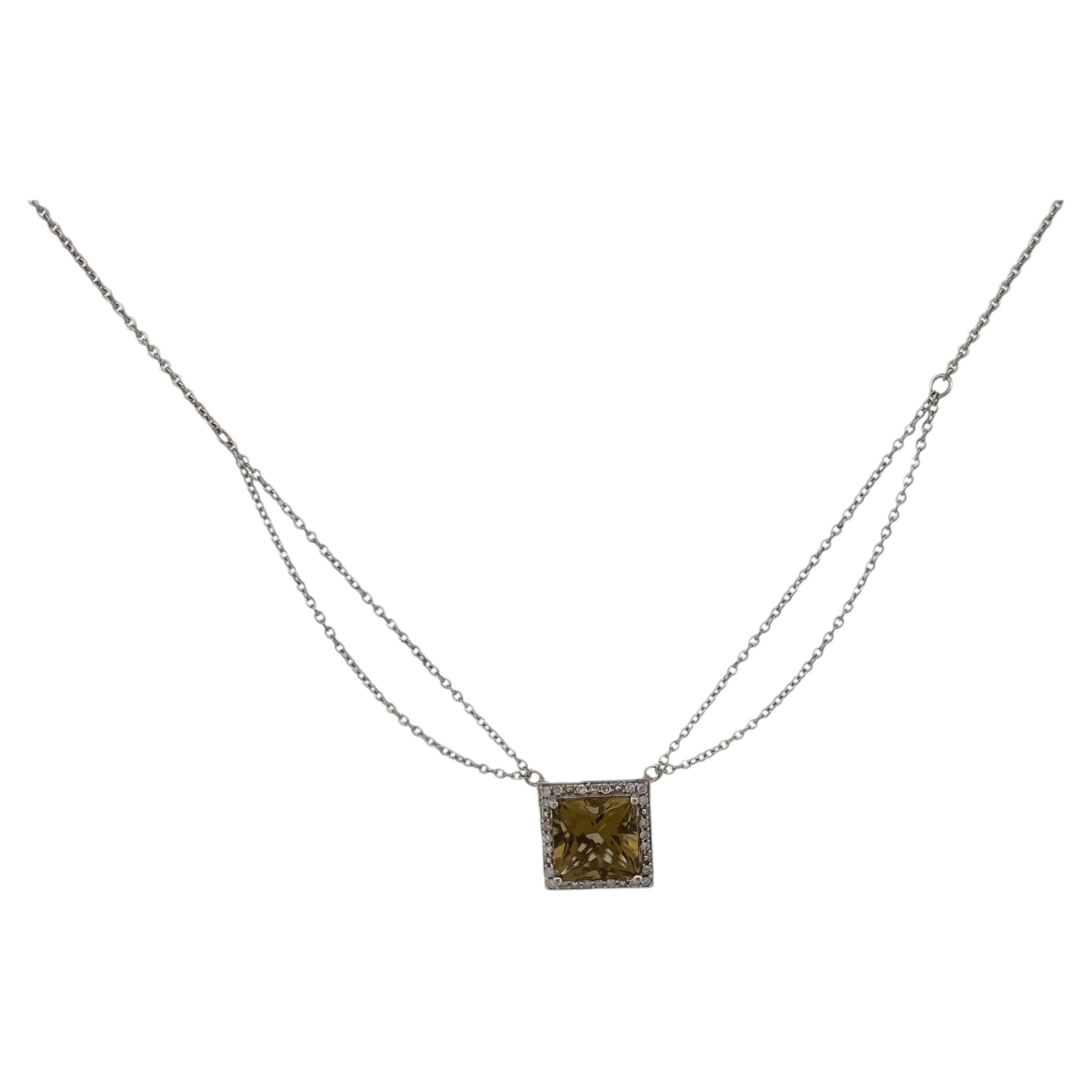 14K White Gold Peridot and Diamond Square Necklace White Gold For Sale