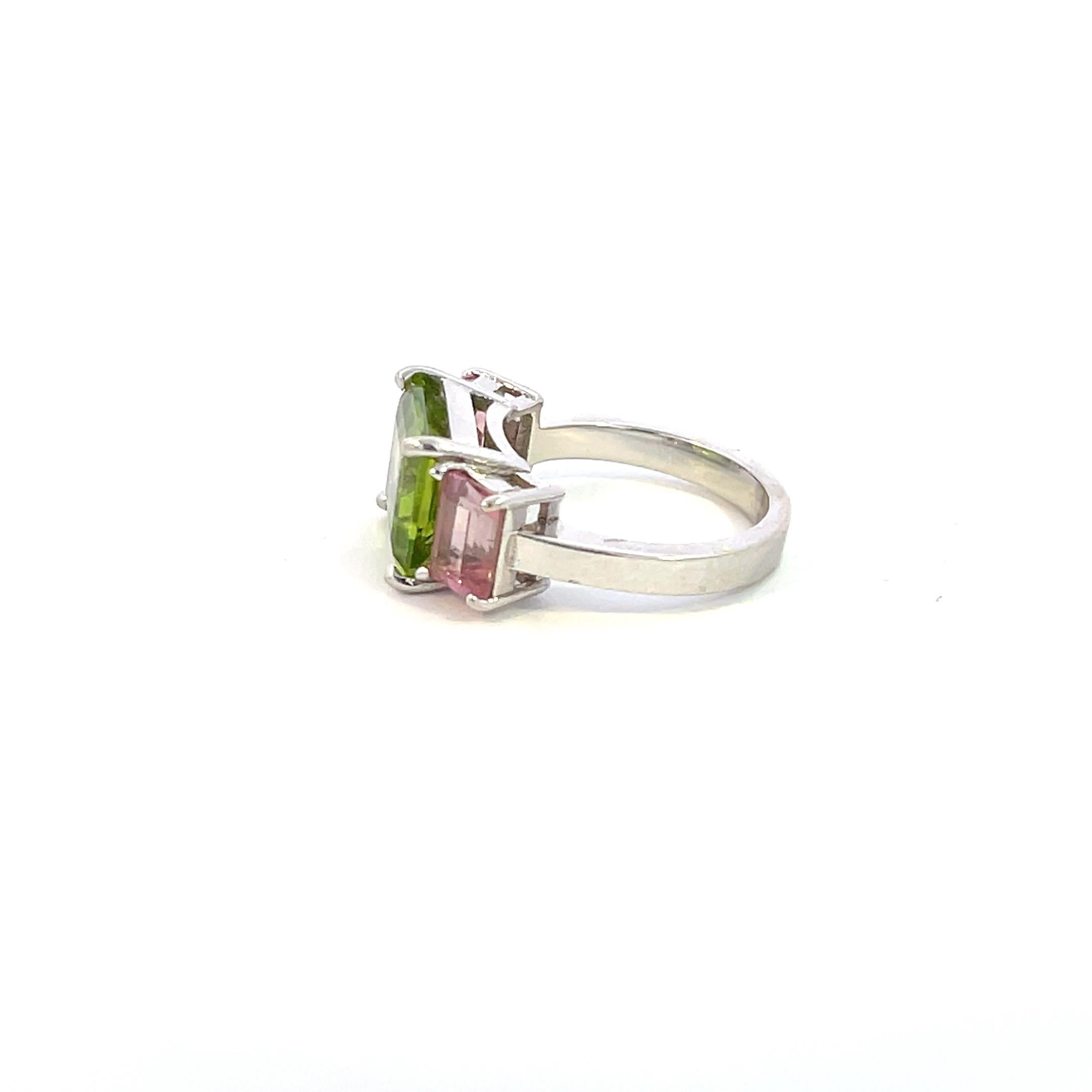 Emerald Cut 14K White Gold Peridot and Pink Sapphire Ring For Sale