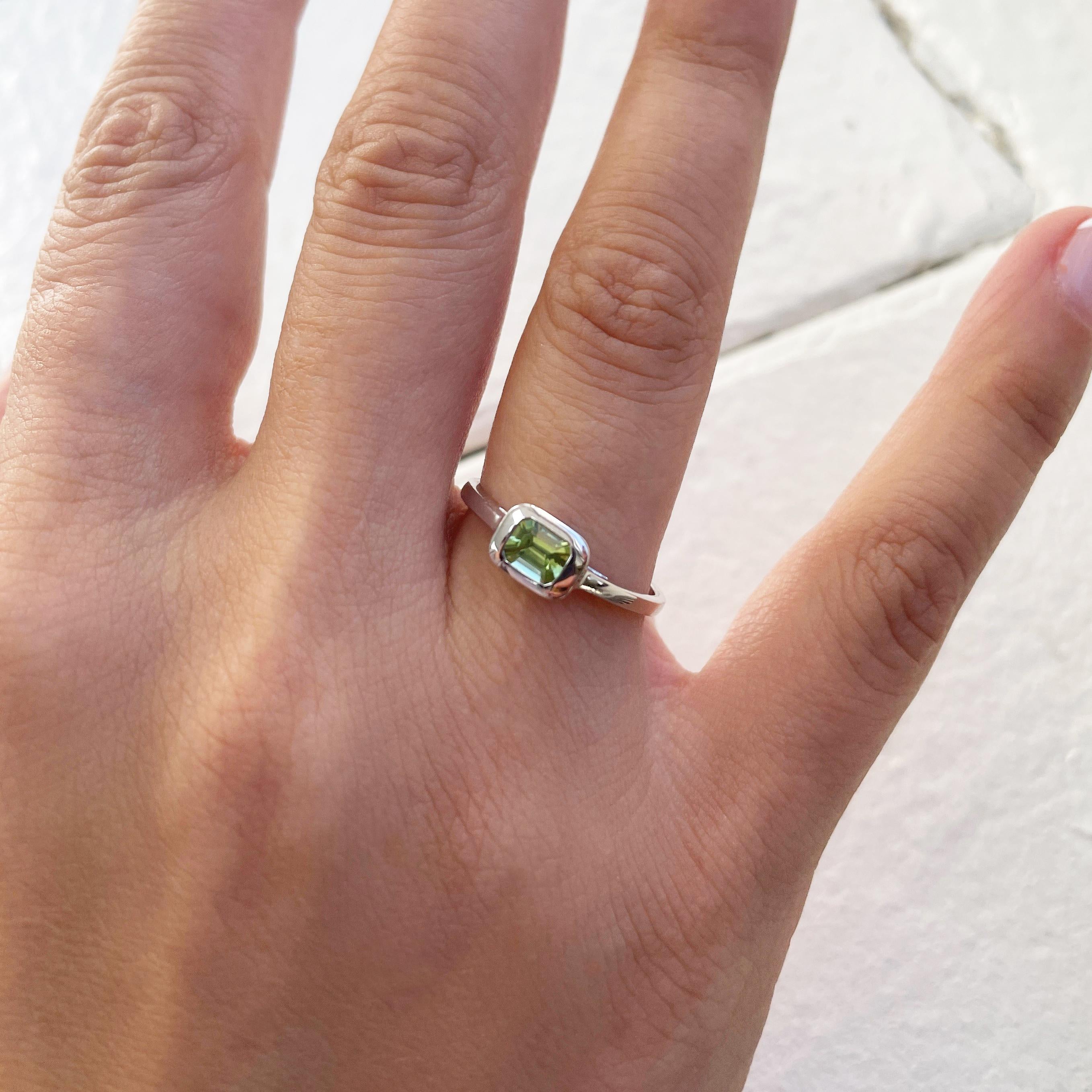 Charming Design - This stackable ring features a 14k gold band, and a emerald cut shaped gorgeous Peridot approximately 0.50cts, available in  white, yellow and rose gold
 Measurements for ring size: The finger Size of this sapphire ring is 6.5 and