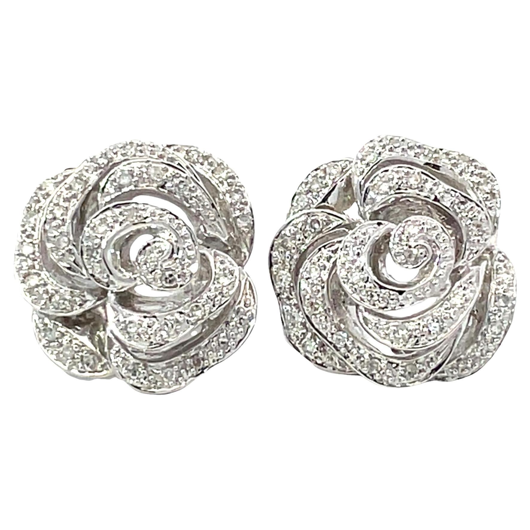 14k White Gold Petal-Layered Diamond Rose Earrings For Sale