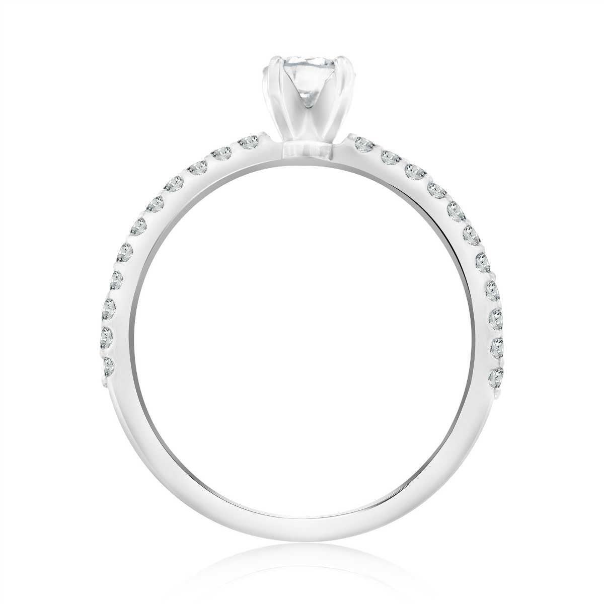 This petite engagement ring features one center round diamond, 0.37 carat. The diamond is F in color and SI2 in clarity. There are 22 round brilliant diamonds micro-prong set along the shank in a total of 0.22 Carat. Experience the difference in