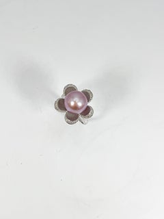 14K White Gold Pink Cultured Pearl and Diamond Flower Ring