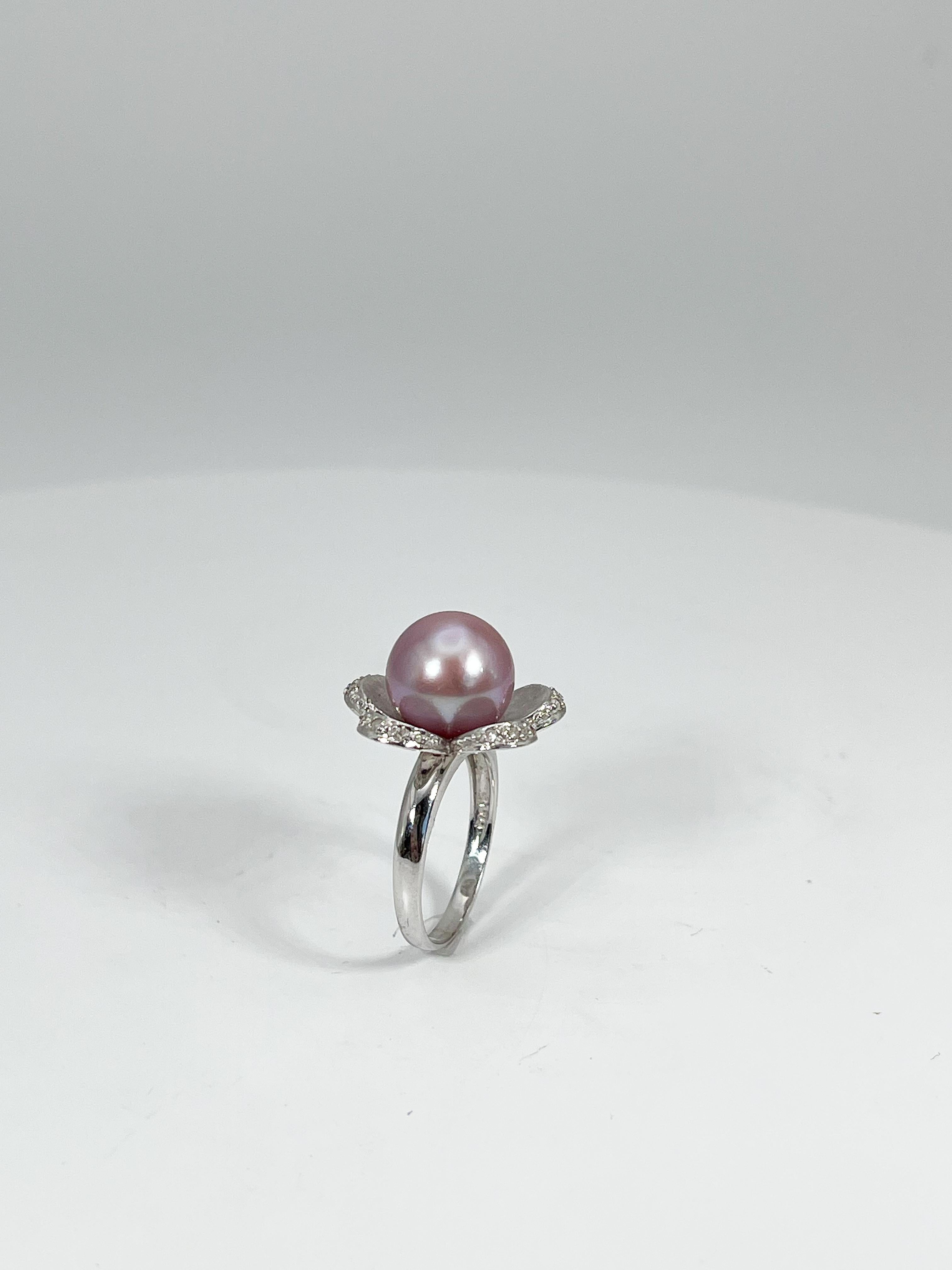 Round Cut 14K White Gold Pink Cultured Pearl and Diamond Flower Ring For Sale