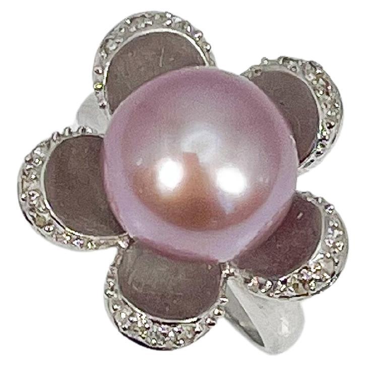 14K White Gold Pink Cultured Pearl and Diamond Flower Ring For Sale