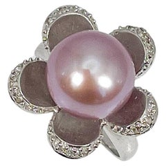 14K White Gold Pink Cultured Pearl and Diamond Flower Ring