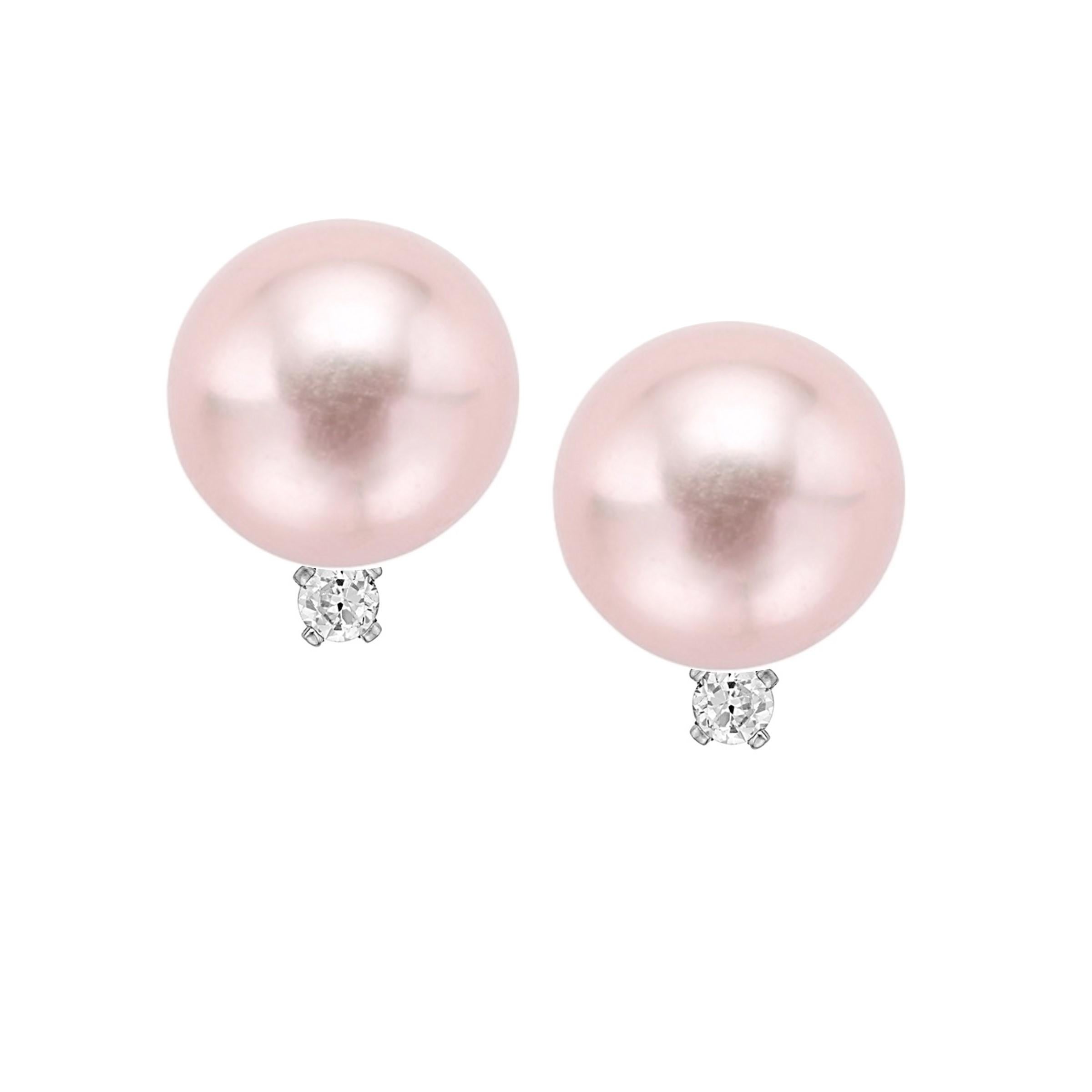 Round Cut 14 Karat Gold Pink Freshwater Pearl and 1/10 Carat TDW Diamond Stud Earrings For Sale